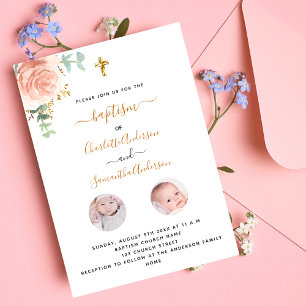 Baptism twins girls white floral photo luxury invitation