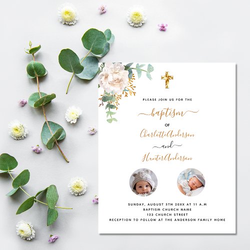 Baptism twins white floral photo budget invitation flyer