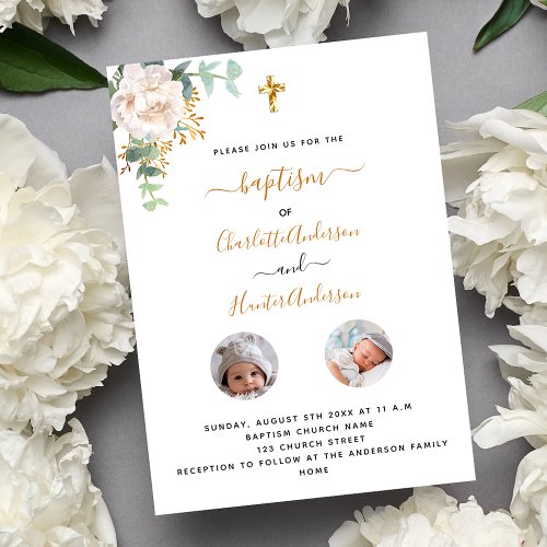 Baptism twins white floral photo invitation