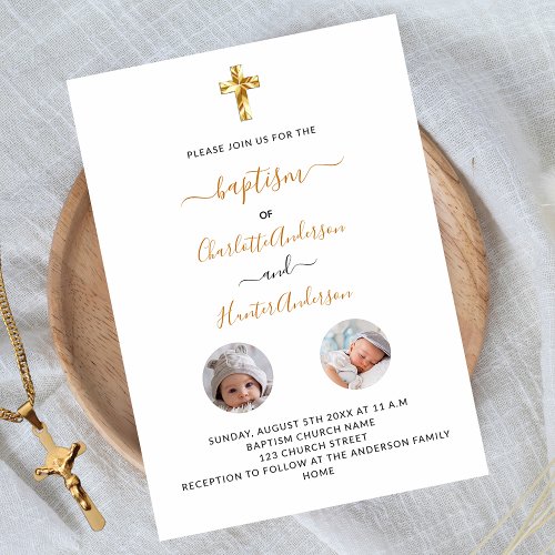 Baptism twins white photo gender neutral invitation postcard