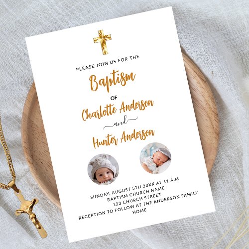 Baptism twins white photo gender neutral luxury invitation