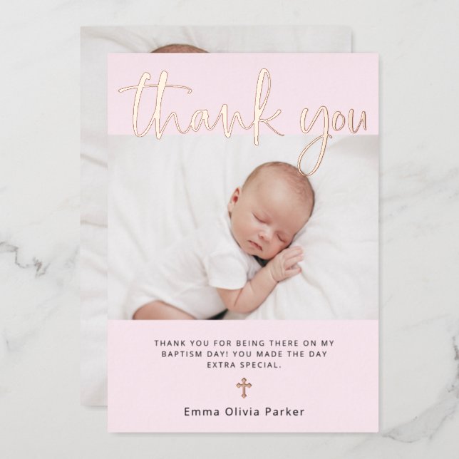 Baptism | Two Photo Thank You Card Rose Gold Foil (Front/Back)