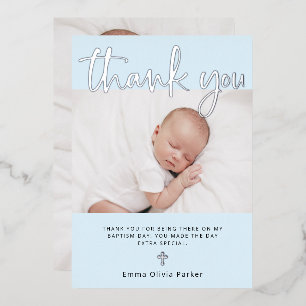 Baptism Two Photo Thank You Card Silver Foil
