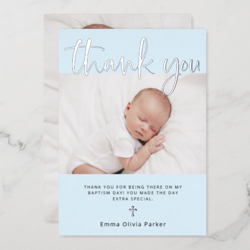 Baptism  Two Photo Thank You Card Silver Foil