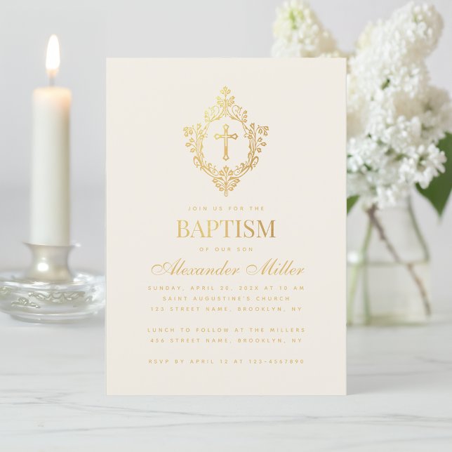 Baptism Vintage Crest Elegant Faux Gold Foil Ivory Invitation (Creator Uploaded)
