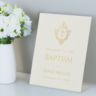 Baptism Vintage Crest Ivory Faux Gold Welcome Pedestal Sign
