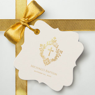 Baptism Vintage Ivory Faux Gold Cross in Crest Favor Tags