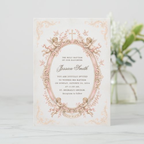 Baptism Vintage Renaissance Cherub Pink Invitation