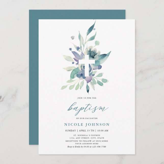 Baptism  Violet Blue Florals Elegance  Invitation (Front/Back)