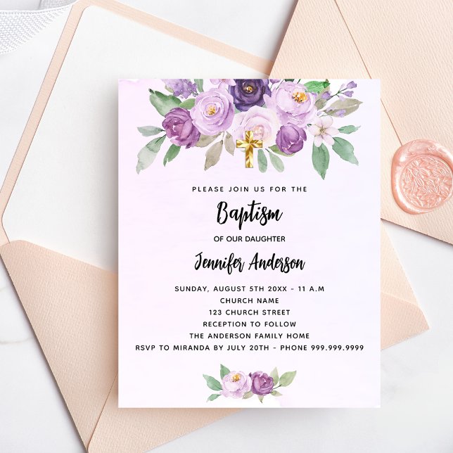 Baptism violet flowers greenery budget invitation flyer (Creator Uploaded)