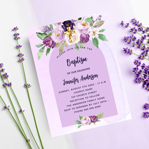 Baptism violet purple flowers budget invitation