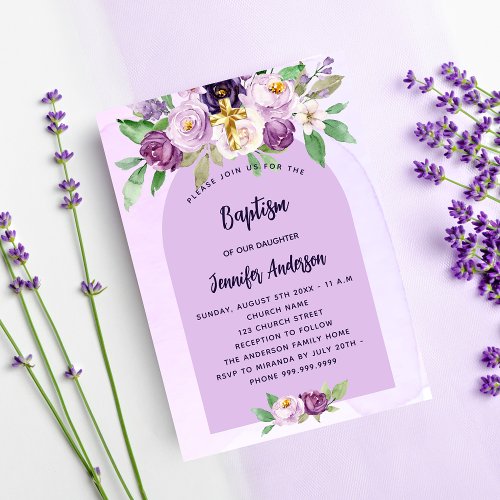 Baptism violet purple flowers cross girl invitation