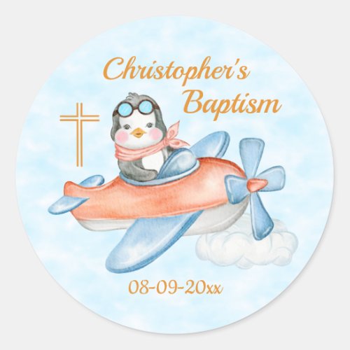 Baptism Watercolor Baby Penguin Airplane Classic Round Sticker