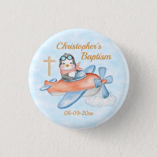Baptism Watercolor Baby Penguin Airplane Custom Button