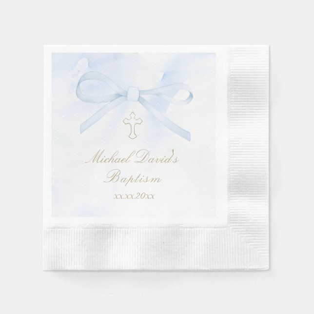 Baptism watercolor blue bow napkins (Front)