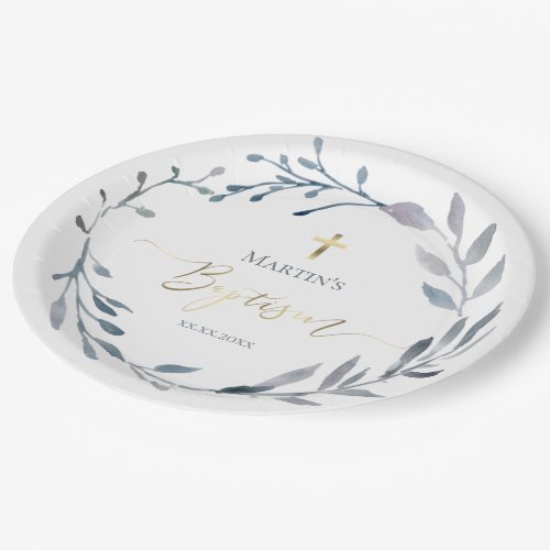 Baptism watercolor blue wreath  Paper Plate