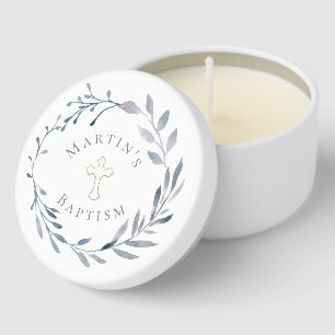 Baptism watercolor dusty blue wreath mini candle favors