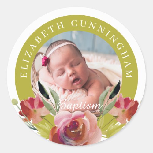 Baptism  Watercolor Floral and Foliage Classic Round Sticker