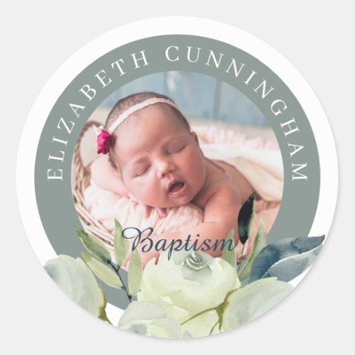 Baptism  Watercolor Floral and Foliage Classic Round Sticker