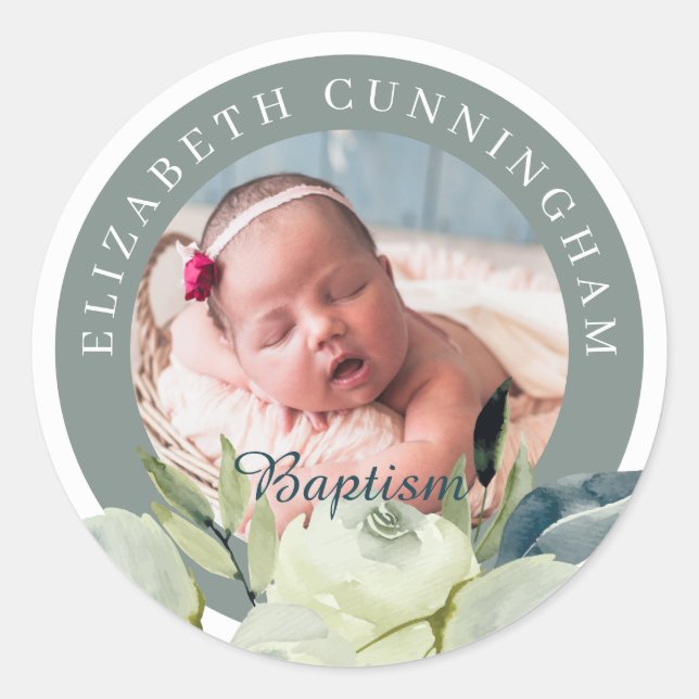 Baptism | Watercolor Floral and Foliage Classic Round Sticker (Front)