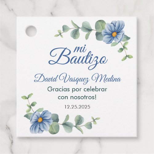 Baptism Watercolor Green Leaves Cute Blue Flowers Favor Tags
