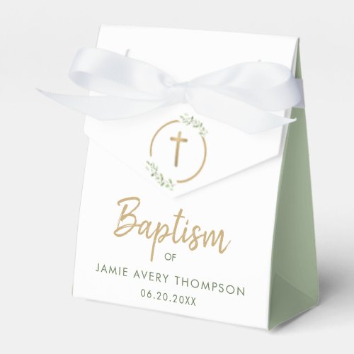 Baptism Watercolor Green Wreath gold cross Custom Favor Boxes