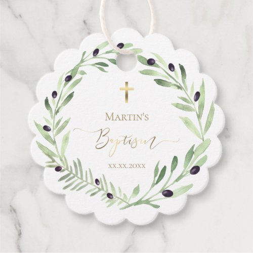 Baptism watercolor olive wreath Favor Tags