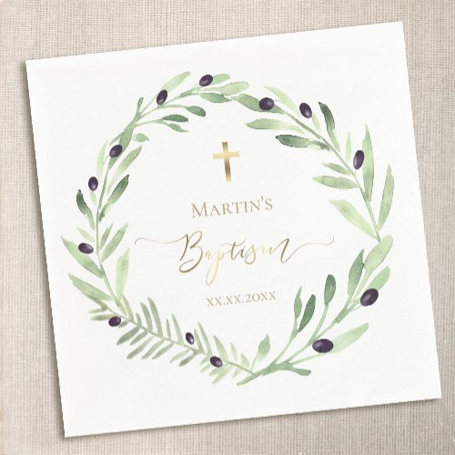 Baptism watercolor olive wreath napkins