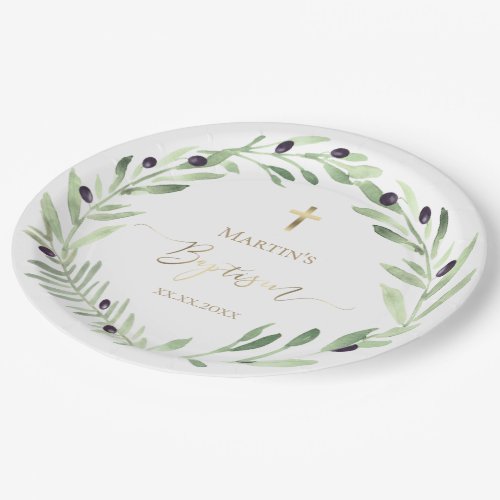 Baptism watercolor olive wreath paper plates