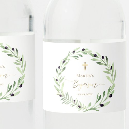 Baptism watercolor olive wreath water label