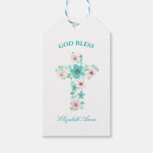 Baptism Watercolor Pink and Teal Flower Cross Gift Tags