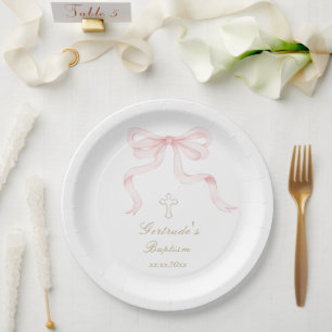 Baptism watercolor pink bow baby girl paper plates