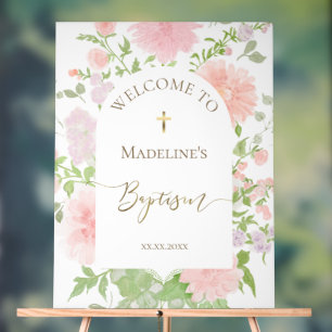 Baptism watercolor pink flowers welcome acrylic sign