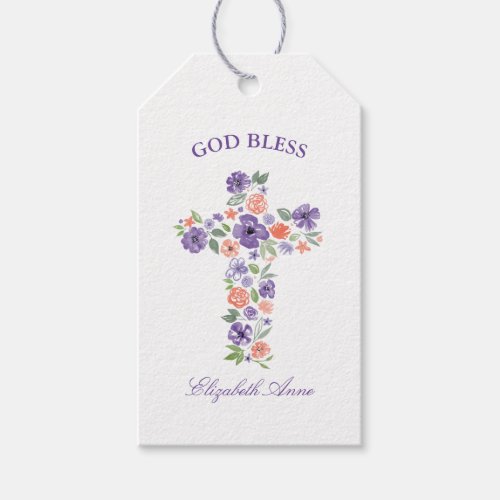 Baptism Watercolor Purple and Coral Flower Cross Gift Tags