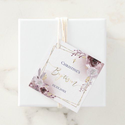 Baptism watercolor roses baby girl favor tags