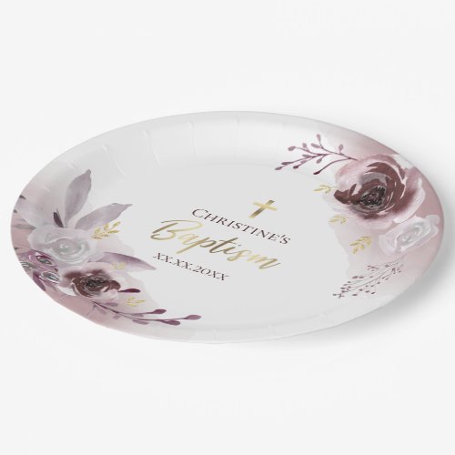 Baptism watercolor roses baby girl paper plates