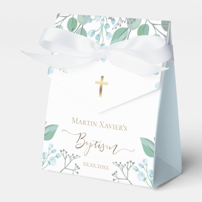 Baptism watercolor small blue flowers favor box (Front Side)