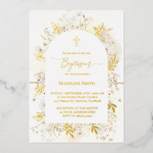 Baptism watercolor white yellow flowers foil invitation