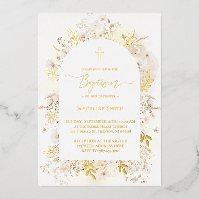 Baptism  watercolor white yellow flowers foil invitation (Front)