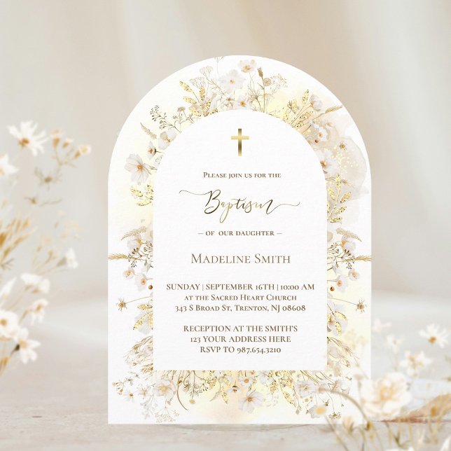Baptism watercolor white yellow flowers invitation (Creator Uploaded)