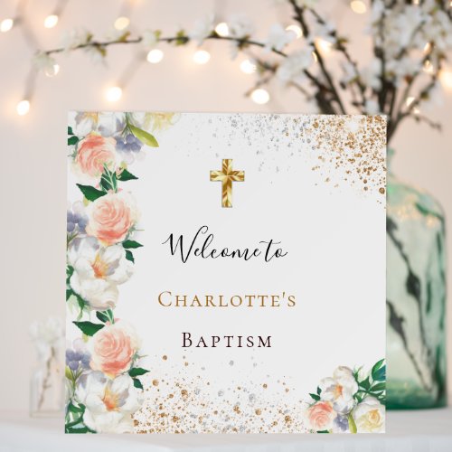 Baptism watercolored florals pink glitter welcome foam board