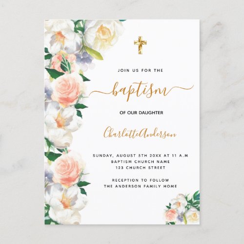 Baptism watercolored florals pink white elegant invitation postcard