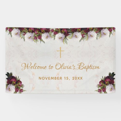 Baptism Welcome Burgundy Peony Marble Gold Cross Banner