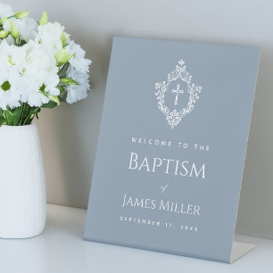 Baptism Welcome Dusty Blue Boy Vintage White Crest Pedestal Sign