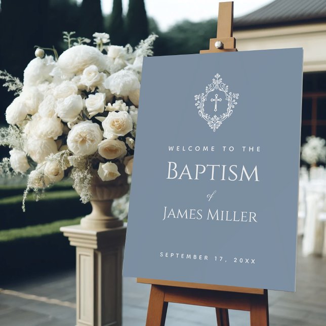 Baptism Welcome Dusty Blue Elegant Boy White Crest Foam Board (Creator Uploaded)