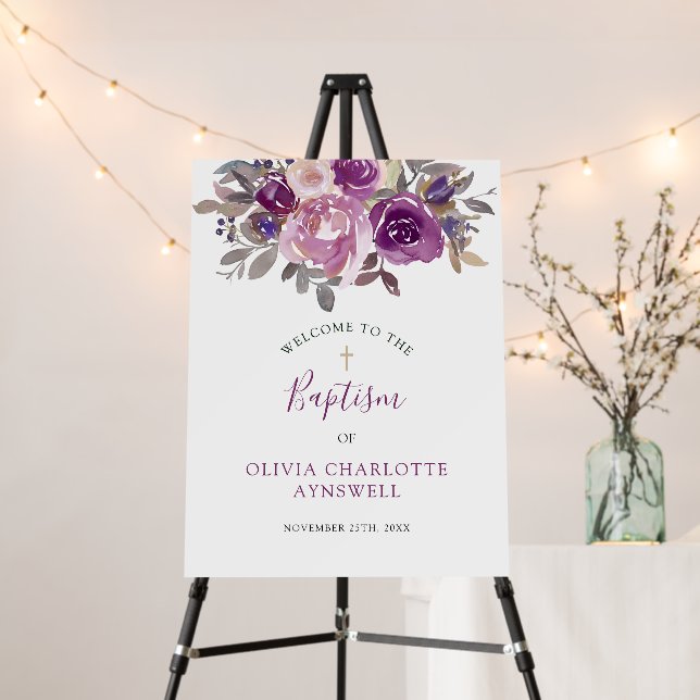 Baptism Welcome Dusty Mauve Purple Blush Botanical Foam Board (In Situ (Stand))