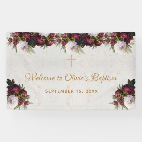 Baptism Welcome Floral Burgundy White Peony Marble Banner