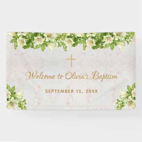 Baptism Welcome Floral White Lilies Marble  Script Banner