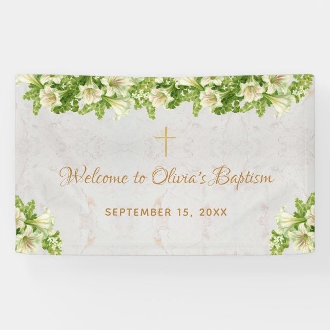 Baptism Welcome Floral White Lilies Marble  Script Banner (Horizontal)