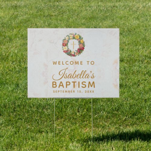 Baptism Welcome Gold Cross in Rose Wreath Marble Sign